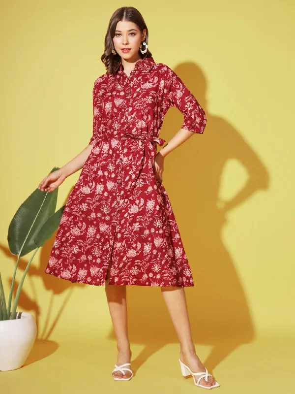 Maroon Printed A-Line Cotton Dress