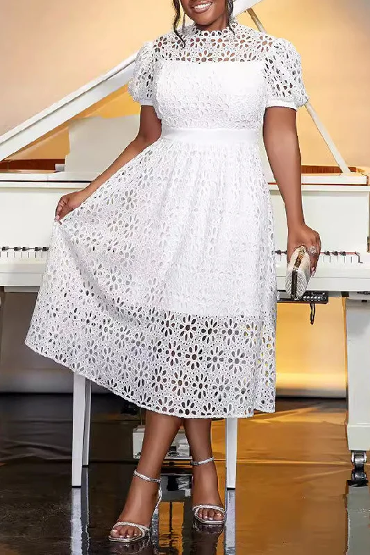 Elegant Lace Puff Sleeve A-line Dress