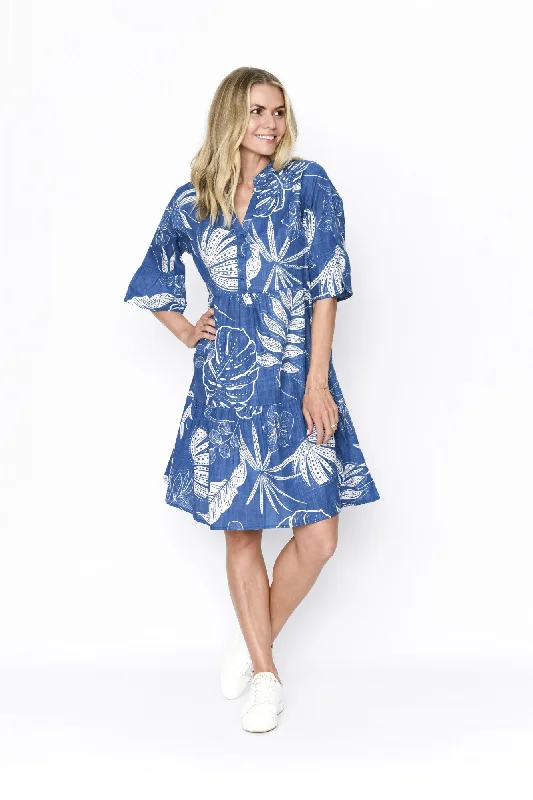 One Summer Maya Button V Neck Layer Dress Indigo