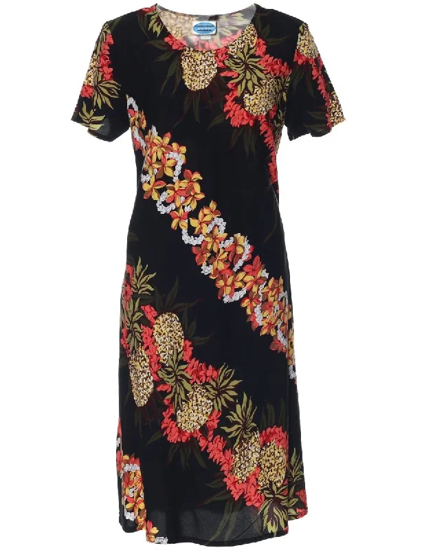 Pineapple Panel Short Rayon Dress with Sleeves