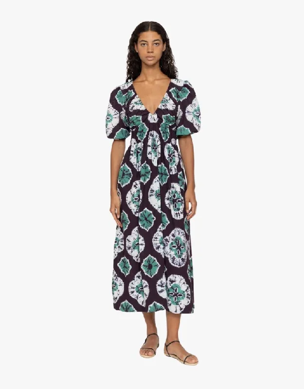 Sea NY Aveline Tie Dye Print Puff Sleeve Dress in Teal