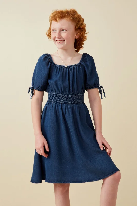 Smocked Waist Tie Sleeve Denim Tencel Dress
