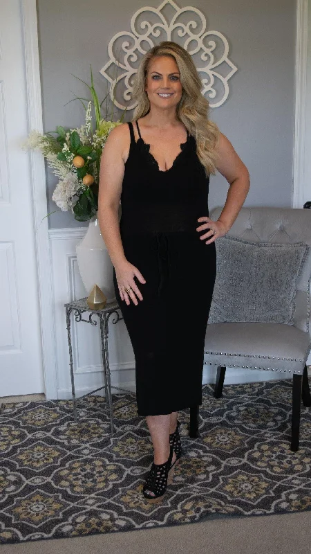 Back in Black Spaghetti Strap Knit Dress w/Drawstring Tie Waist