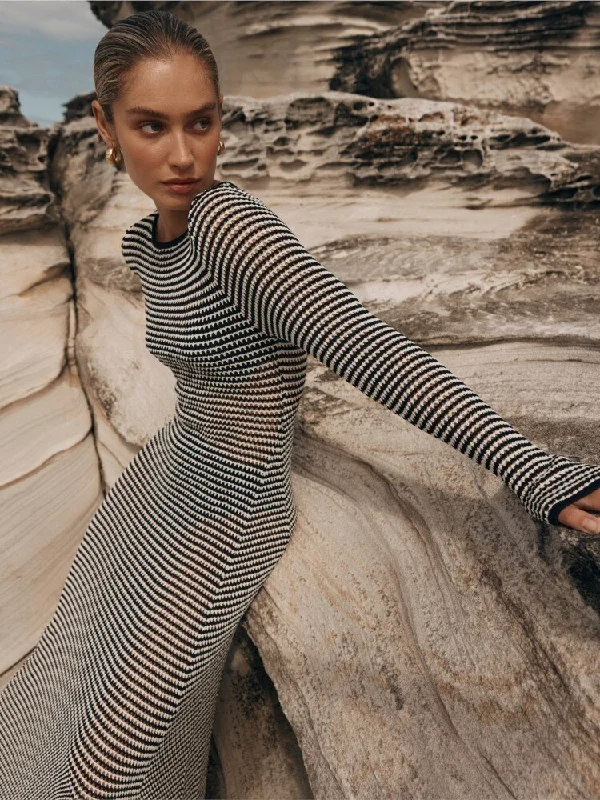 Striped Knitted Hollow Out Long-sleeved Dresses Women's See Through Cover-ups 2023 Beach Vacation