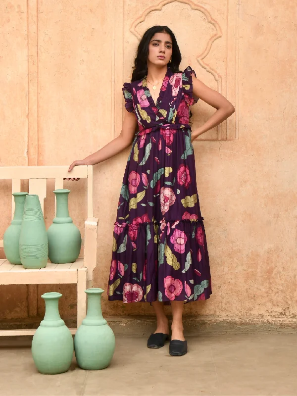 Mulberry Purple Silk Dress in Flutter Sleeves