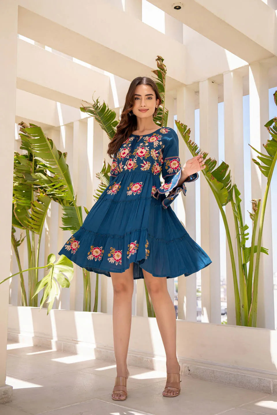 TIE-UP NECK BELL SLEEVE FIT & FLARE DRESS