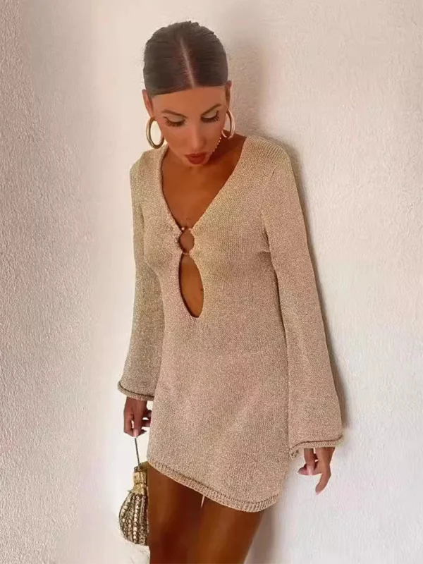 Blue Zone Planet |  V-neck hollow knit dress