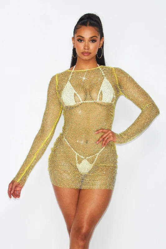 What You Need Sheer Fishnet Mesh Rhinestone Cover Up Dress