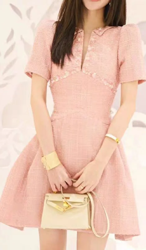A-LINE BEADED SEQUINE MINI DRESS IN PINK Comfortable Smocked Mini Dress