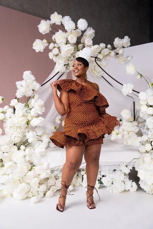AGBANI African Print One Sleeve Ruffle  Mini Dress Cozy A-Line Mini Dress