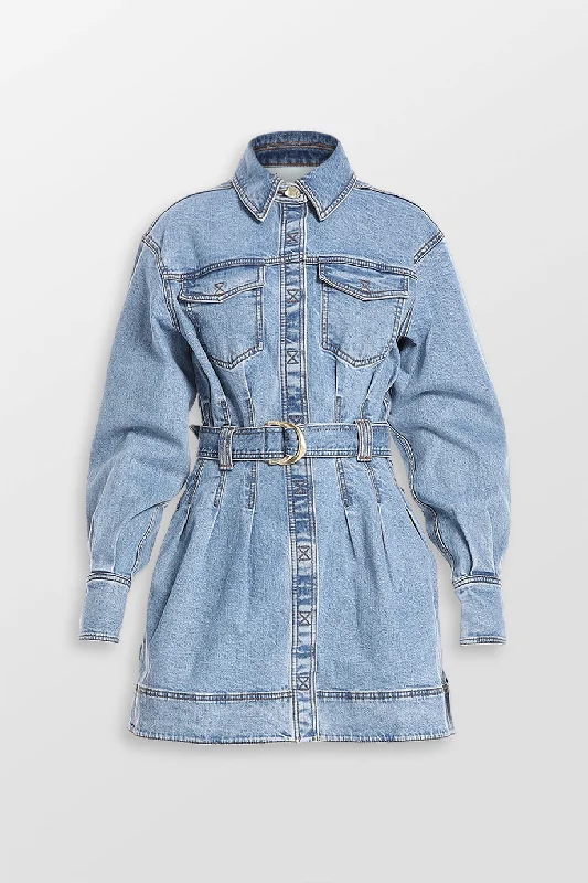 Aradia Classic Wash Denim Mini Dress Fashionable Mini Dress with Slits