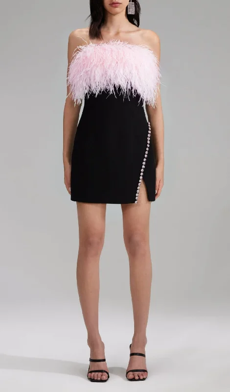BANDAGE FEATHER CRYSTAL MINI DRESS IN BLACK Stylish Short-Sleeve Mini Dress