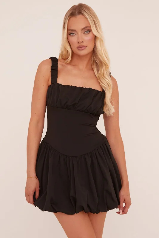 Black Ruching Detail Puffball Mini Dress - Katie Comfortable Shift Mini Dress