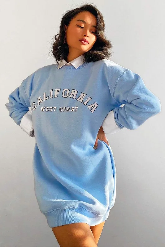 Blue California Slogan Sweater Mini Dress - Immi Stylish Puff Sleeve Mini Dress