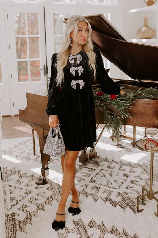 Bows And Kisses Velvet Mini Dress in Black Fashionable Off-Shoulder Mini Dress