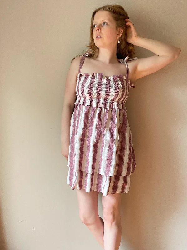 Calli Sunwashed Red Stripe Tiered Smocked Bow Strap Mini Dress - S-XL Chic Tropical Mini Dress Calli Sunwashed Red Stripe Tiered Smocked Bow Strap Mini Dress - S-XL Chic Tropical Mini Dress