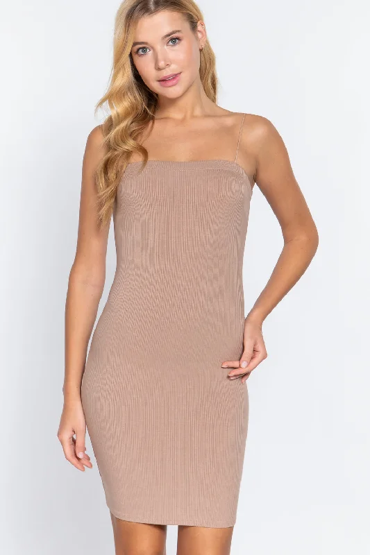 Active USA | Cami Heavy Rib Mini Dress in Sand Khaki Comfortable Polka Dot Mini Dress