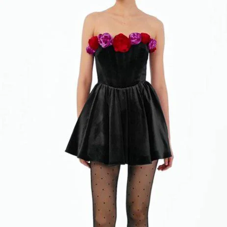 Clara Off Shoulder Floral Applique Pleated Hem Mini Dress Comfortable Smocked Mini Dress