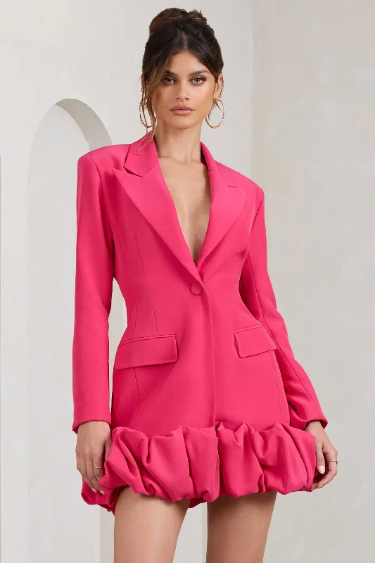 Cloud Catching | Hot Pink Tailored Blazer Mini Dress With Ruffled Hem Trendy Camisole Mini Dress