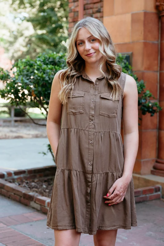 Colette Sleeveless Button Down Tiered Mini Dress Cozy Knit Mini Dress