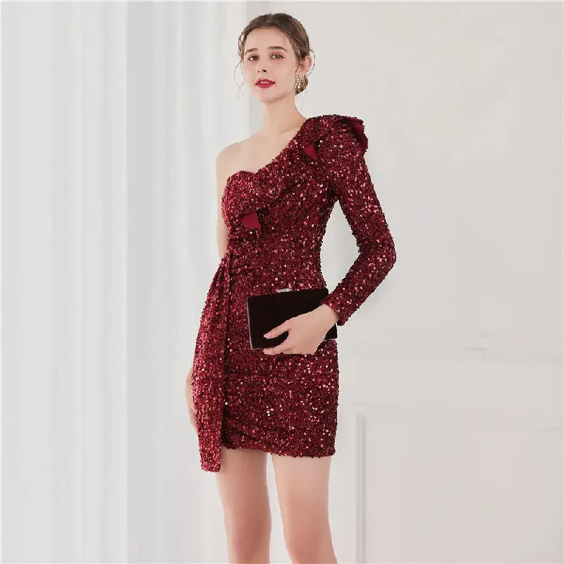 Constance One Shoulder Ruffles Sequin Mini Dress Cozy Cotton Mini Dress