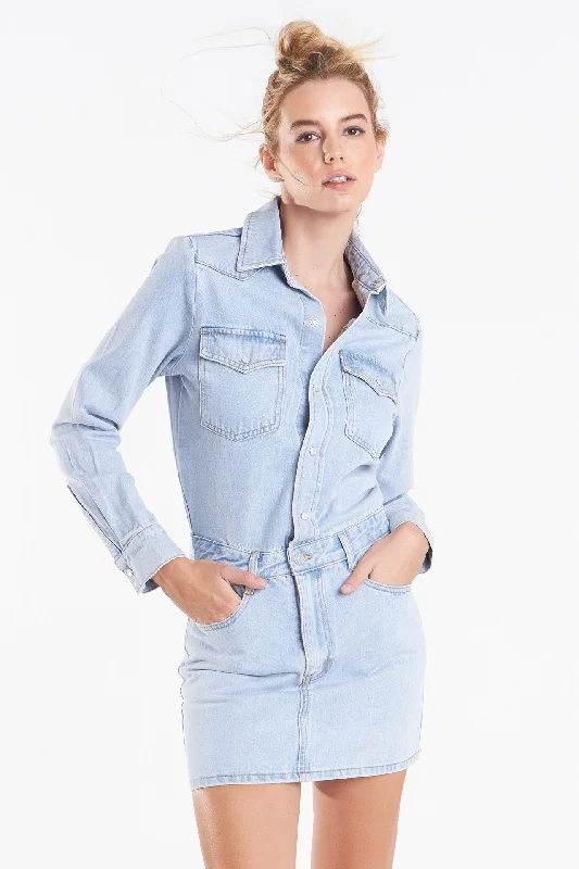 Grey Lab - Denim Mini Dress Comfortable One-Shoulder Mini Dress
