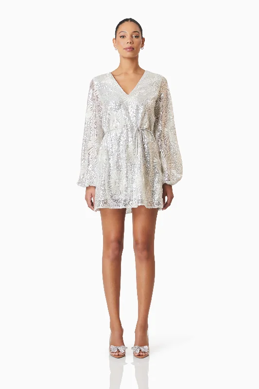 Elliatt Caledonia Long Sleeve Mini Dress - Silver Fashionable Pleated Mini Dress