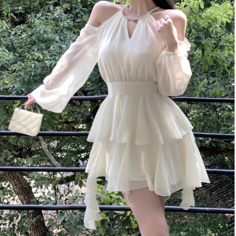 Girlary  Elegant Luxury Dresses for Women Fairycore Casual Chiffon Dress Sweet Short Skirt Fashion Summer White Mini Dress Slim Classic White Mini Dress