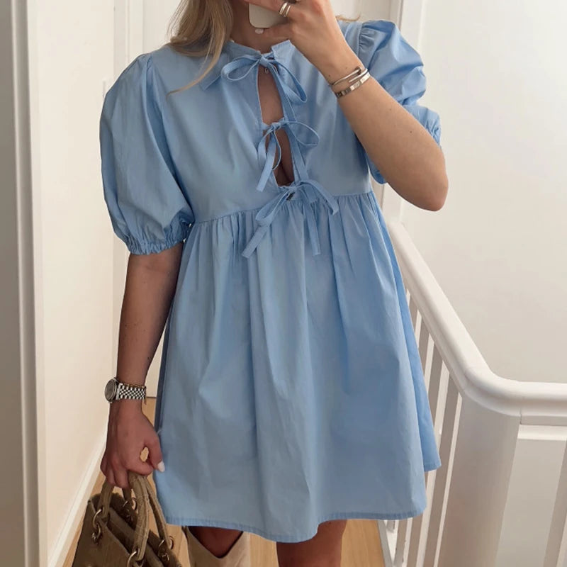Girlary Female Solid Color Bubble Sleeve Mini Dress Sexy O-neck Hollow Out Lace-up Dress Summer Casual High Street Big Hem Loose Dresses Comfortable Polka Dot Mini Dress