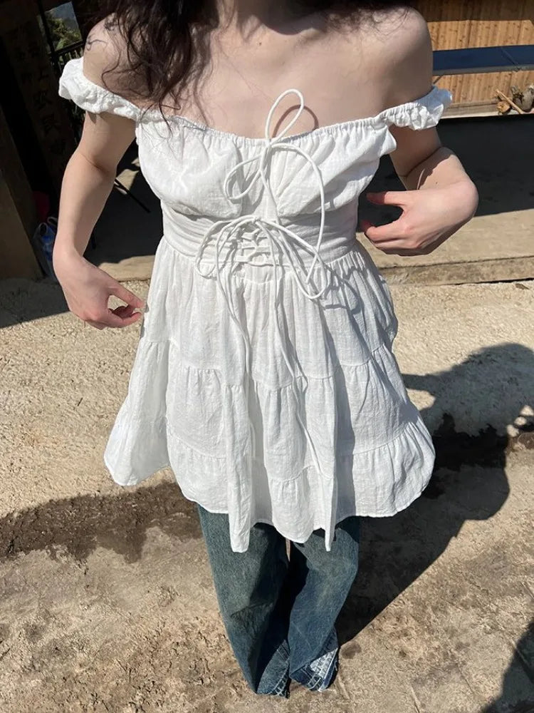 Girlary Japanese Y2k White Mini Dress Women Sweet Cute Bandage Ruffle Dresses Aesthetic Summer Sleeveless Elegant Girls Dress Chic Tropical Mini Dress