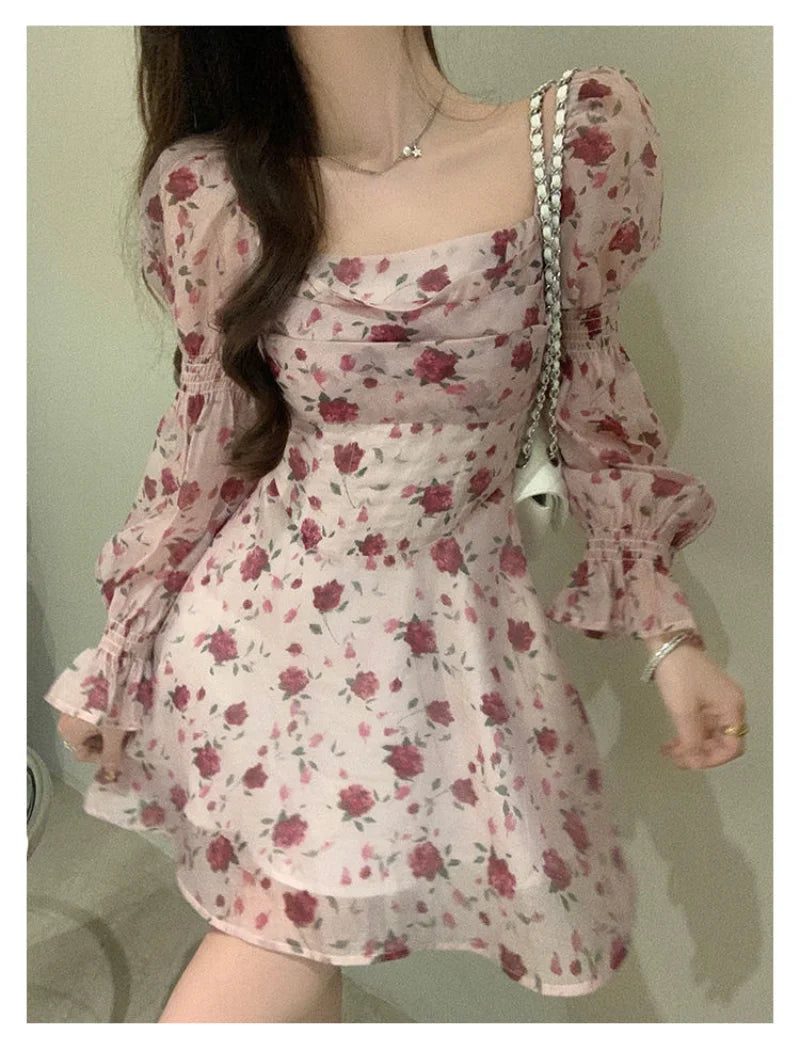 Girlary Temperament Sweet Fragmented Flower Dress Women Square Neck Flare Sleeve Mini Dresses Slim Waist Shorts Vestido Feminino Fashionable Polka Dot Mini Dress