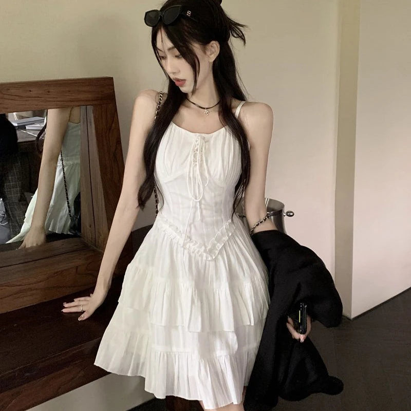 Girlary White Ruffles Short Dresses Women's Elegant Sweet Sleeveless Mini Dress Korean Style Female Fashion Summer 2024  Casual Elegant Mini Dress with Pleats