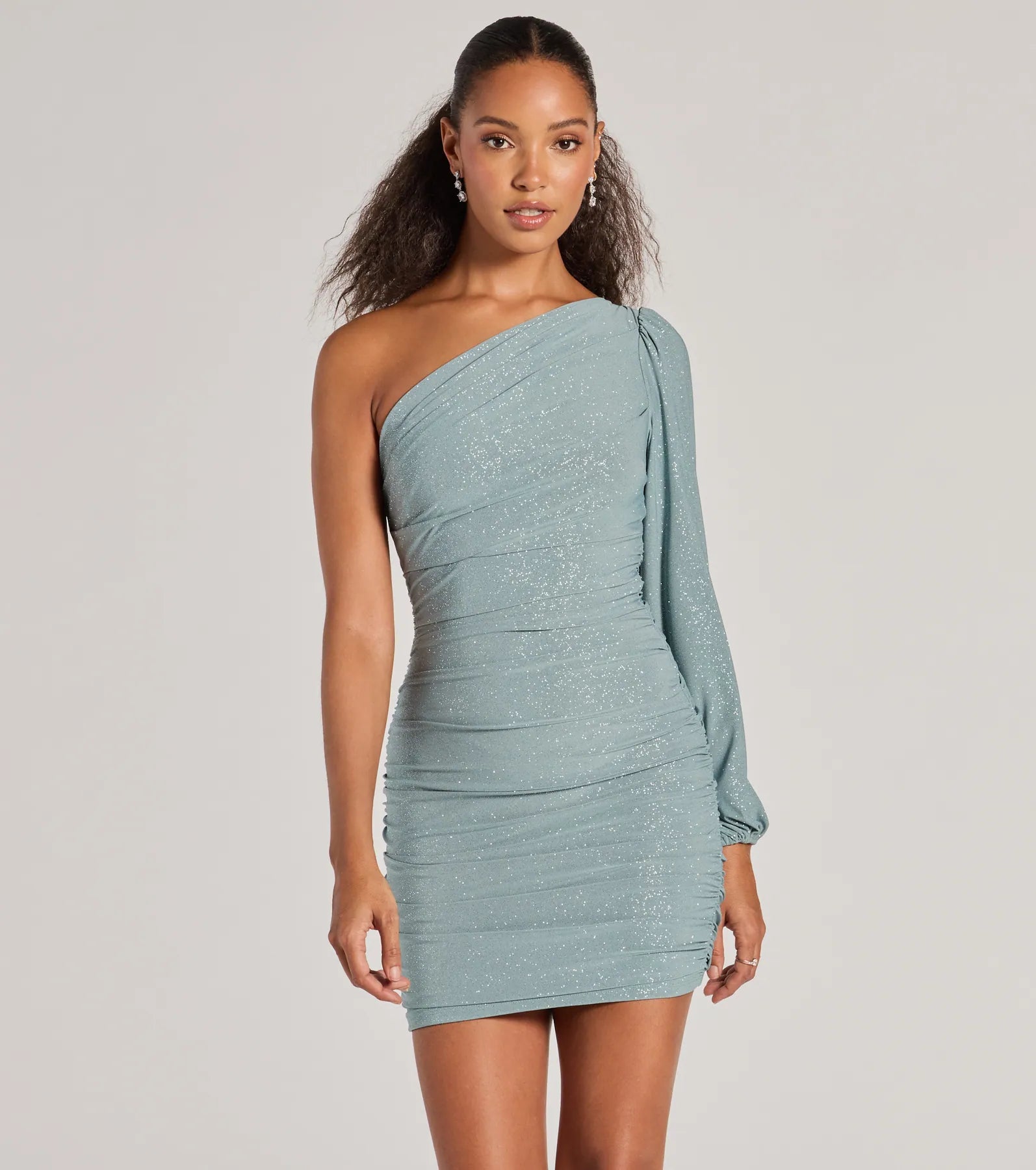 Glitzy Status One-Shoulder Glitter Knit Mini Dress Elegant Lace-Up Mini Dress