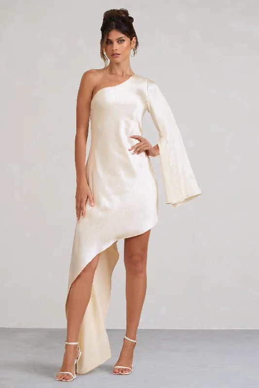 Hanna | Cream One Shoulder Asymmetric Draped Satin Mini Dress Fashionable Off-Shoulder Mini Dress Hanna | Cream One Shoulder Asymmetric Draped Satin Mini Dress Fashionable Off-Shoulder Mini Dress