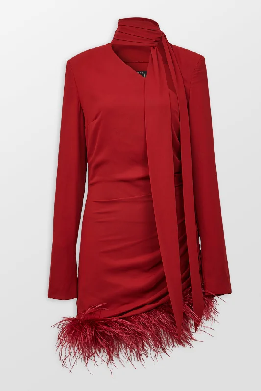 High Neck Mini Dress With Feather Hem Elegant Silk Mini Dress