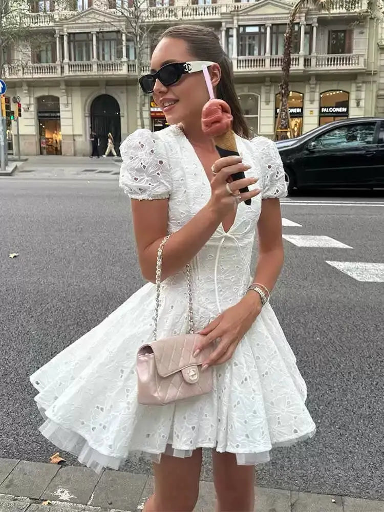 Hollow Out Embroidery Slim White Mini Dress Fashionable Denim Mini Dress