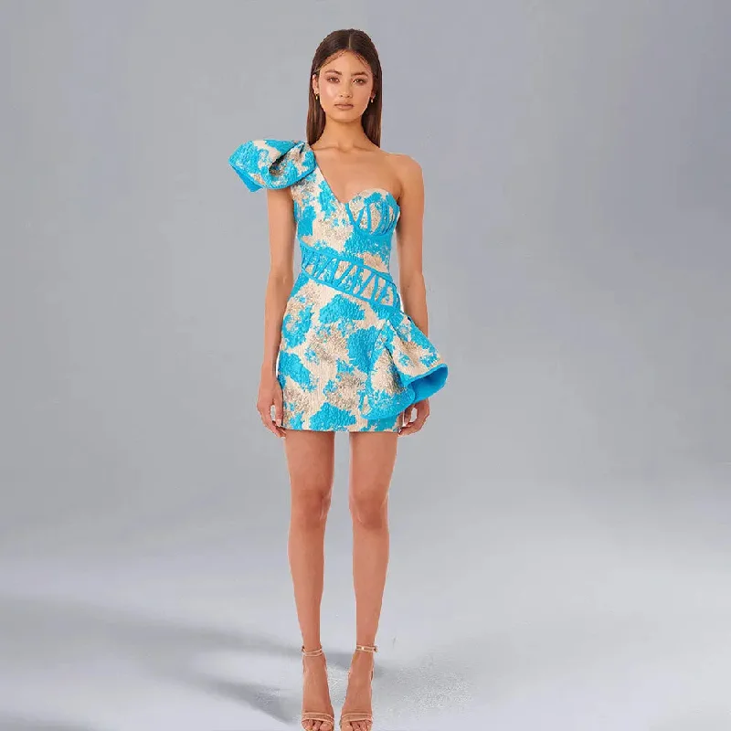 Jacquard One Shoulder Mini Dress Casual V-Neck Mini Dress