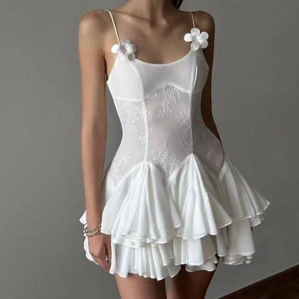 Jane Sleeveless Floral Lace Ruffle Hem Mini Dress Elegant Mini Dress with Pleats