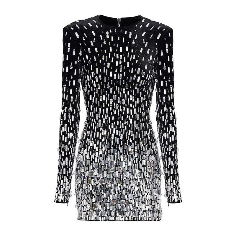 Janie Long Sleeve Crystal Embellished Mini Dress Modern Satin Mini Dress