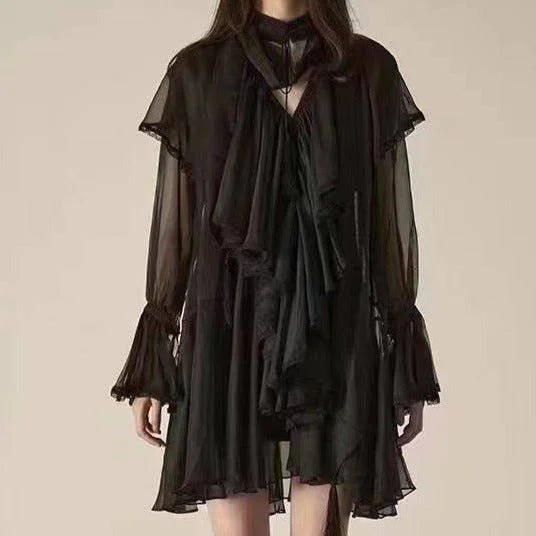 Kate Long Sleeve Chiffon Layered Lace Mini Dress Classic Striped Mini Dress
