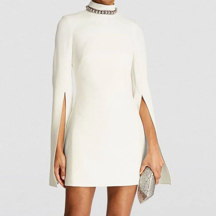 Katie Slit Long Sleeve Crystal Embellished Mini Dress Fashionable Lace Mini Dress