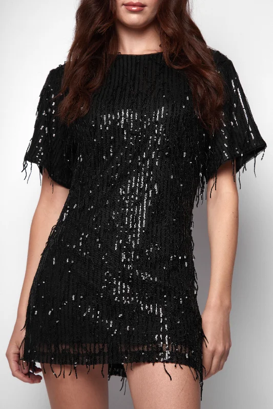 Kimber Black Tassel Sequin Tunic Mini Dress Cozy Sweater Mini Dress