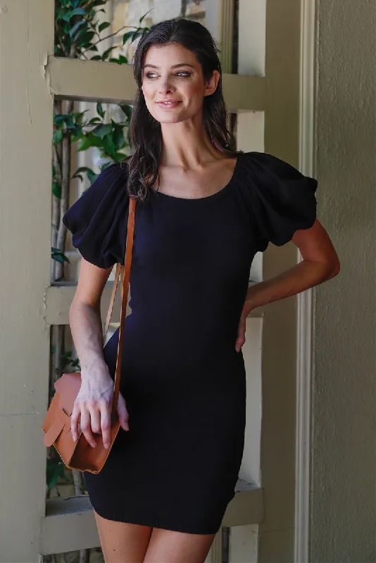 Knit Short Balloon Sleeve Bodycon Mini Dress in Black Trendy Denim Mini Dress