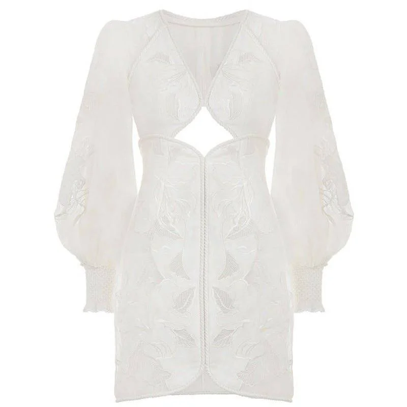 LeAnn Puff Sleeve Cut Out Floral Embroidered Mini Dress Cozy Jersey Mini Dress