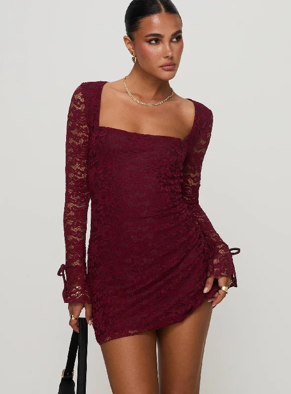 Lucianna Long Sleeve Lace Mini Dress Burgundy Fashionable Mini Dress with Pockets