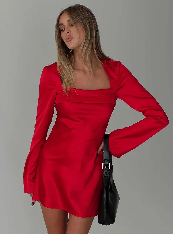 Phillipa Long Sleeve Mini Dress Red Casual High-Waist Mini Dress