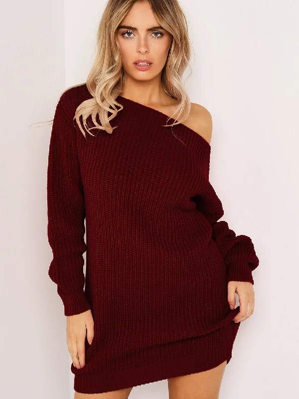 Plain One Shoulder Bodycon Sweater MIni Dress Trendy Off-Shoulder Dress Mini