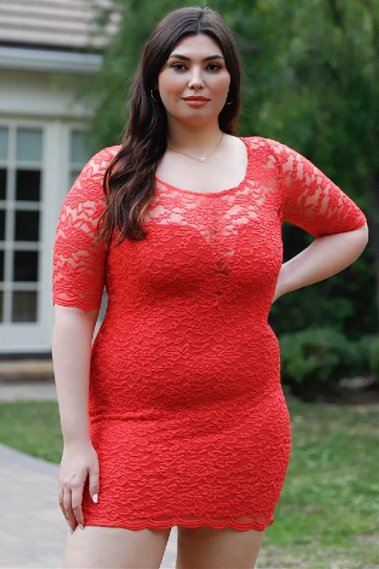Plus Lace Mini Dress in Coral Casual V-Neck Mini Dress