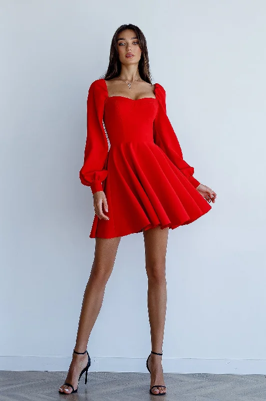 Red Backless Puff Sleeve Mini Dress Fashionable Mini Dress with Frills