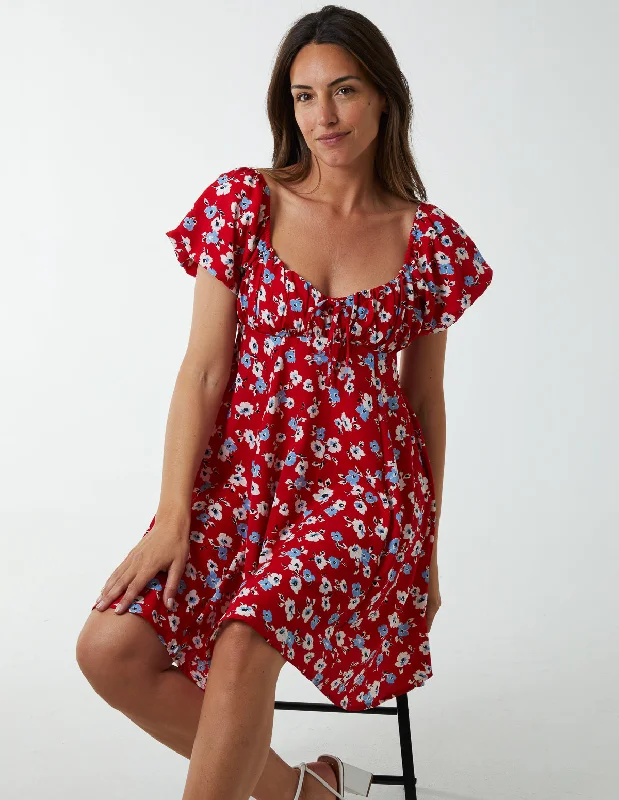 Milkmaid Ruched Bust Short Sleeve Mini Dress Casual Button-Up Mini Dress